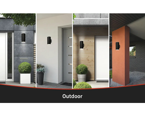 Verschiedene Außenwandleuchten an Hausfassaden