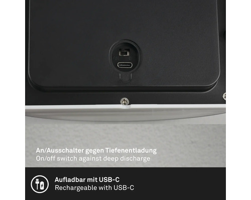 Detailaufnahme eines Produkts mit USB-C-Ladeanschluss und Ein-Ausschalter