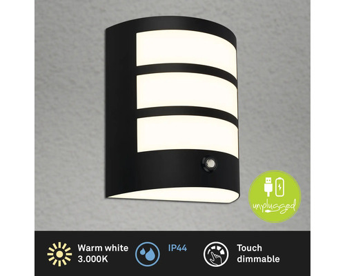 Schwarze LED-Außenwandleuchte mit warmweißem Licht und Dimmfunktion