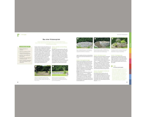 Eine Doppelseite einer Zeitschrift zeigt eine Anleitung zum Bau einer Kräuterspirale mit verschiedenen Schritten und Illustrationen.