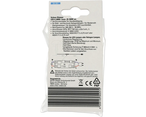 Schnur Dimmer mit Druckschalter für Glüh-, Hochvolt Halogenlampen und LED Leuchtmittel