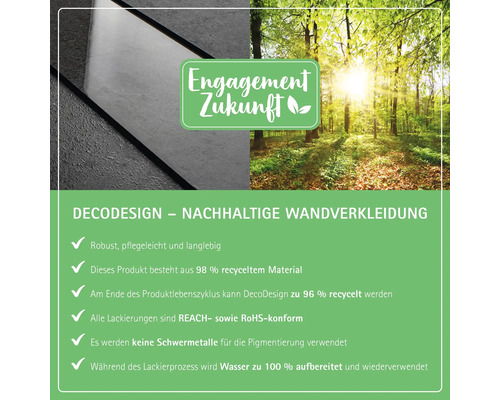 DecoDesign nachhaltige Wandverkleidung mit Informationen zu Recycling, Rohstoffen und Lackierungen