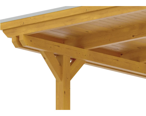 Detailansicht einer Holzpergola mit Pfosten und Dachkonstruktion