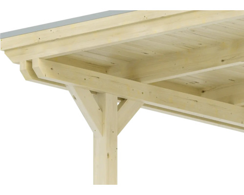 Detailansicht eines Holzpavillons mit Pfosten und Dachkonstruktion