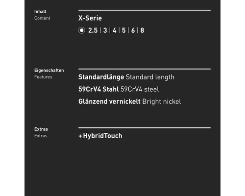 X-Serie Inhalt, Standardlänge, 59CrV4 Stahl, glänzend vernickelt und HybridTouch