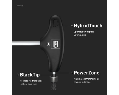 Inbus Logo auf Inbusschlüssel mit T-Griff, mit Hinweisen auf HybridTouch, BlackTip und PowerZone