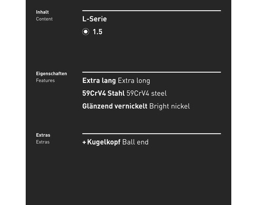L-Serie 1.5 Inhalt, extra lang, 59CrV4 Stahl, glänzend vernickelt, Kugelkopf.