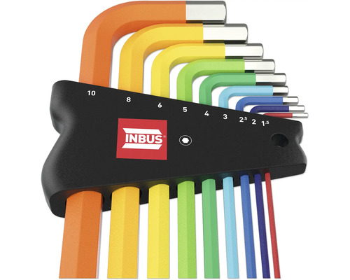 Inbus-Schlüsselset mit farbcodierten Schlüsseln und Größenangaben