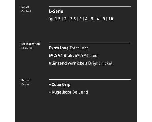 Informationen zu L Serie, extra langer Ausführung, 59CrV4 Stahl, glänzend vernickelt, ColorGrip und Kugelkopf