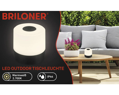 Briloner Logo. LED-Tischleuchte für den Außenbereich auf einem Tisch. Schutzart IP44.