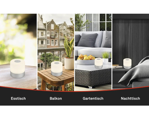 Tischleuchte in verschiedenen Umgebungen: Esstisch, Balkon, Gartentisch, Nachttisch