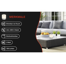 Szene mit Touch-dimmbarer Leuchte, USB-C Kabel, 2 Watt und 150 Lumen