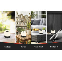 Anwendungsbeispiele einer Akku-Tischleuchte für Esstisch, Balkon, Gartentisch und Nachttisch.