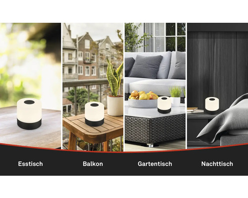 Anwendungsbeispiele einer Akku-Tischleuchte für Esstisch, Balkon, Gartentisch und Nachttisch.