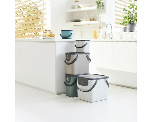 Mehrere Abfallbehälter in einer hellen Küche zur Mülltrennung