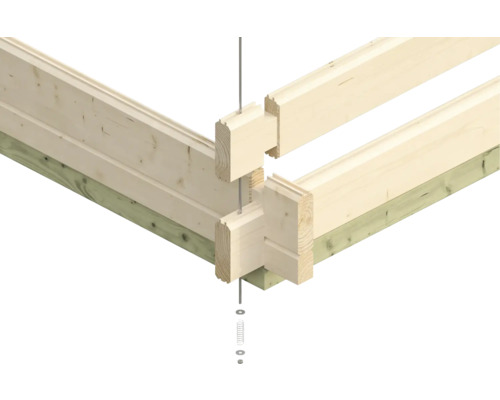 Eckdetail eines Holzhauses mit Gewindestange, Unterlegscheiben und Feder