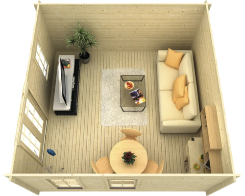 Innenansicht eines Blockhauses mit Möbeln, darunter Sofa, Tisch und Fernseher