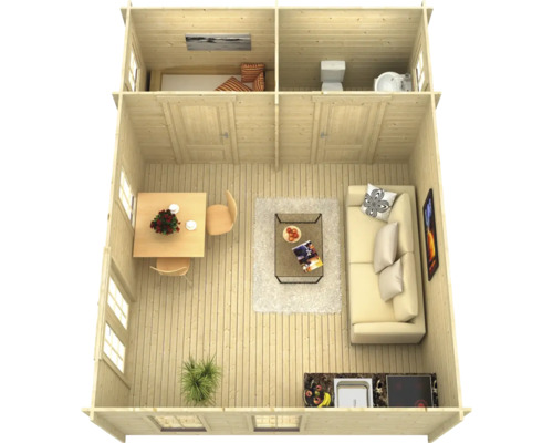Innenansicht eines Blockhauses mit Wohnbereich, Schlafzimmer und Badezimmer