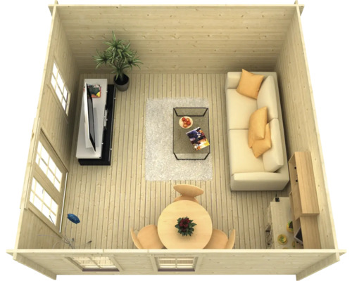 Innenansicht eines Holzhauses mit Möbeln wie Sofa, Tisch und Fernseher