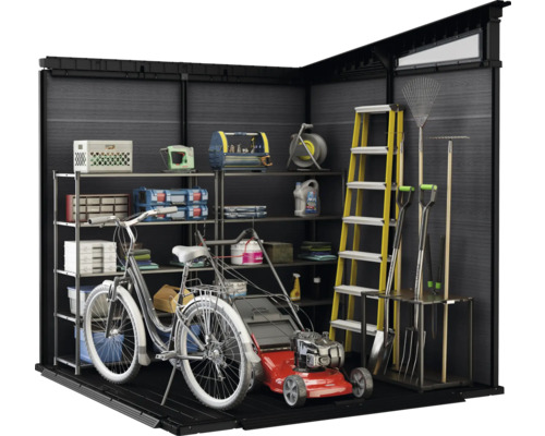 Gartenschuppen mit Regalen, Gartengeräten, Leiter, Rasenmäher und Fahrrad