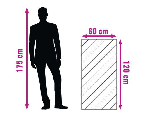 Illustration mit den Maßen 120 cm x 60 cm im Vergleich zu einer Person mit einer Größe von 175 cm.