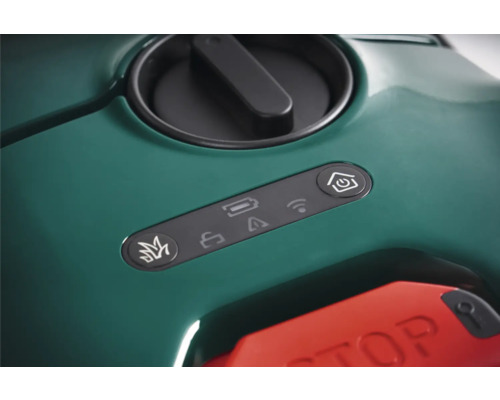 Nahaufnahme eines Rasenroboters mit Bedienfeldanzeigen für Akku, W-LAN, Sperre, Fehler und Start