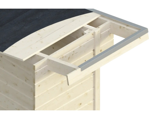Detailansicht eines Gartenhauses aus Holz mit Dachpappe und Metallverblendung