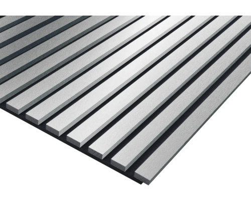 Akustikpaneel Silber gebürstet foliert 2400 x 572 x 19 mm Holzpaneel mit Lattenoptik für die Wandgestaltung