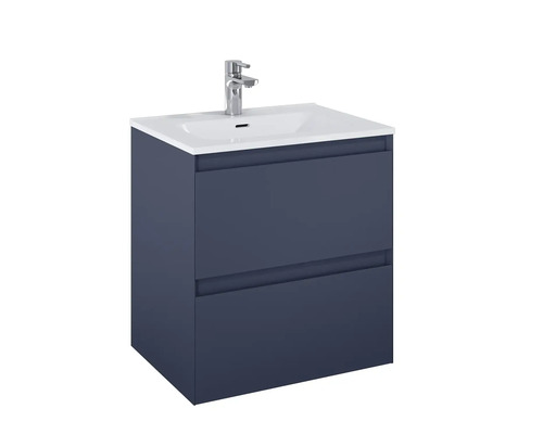 Waschtischunterschrank mit zwei Schubladen und Aufsatzwaschbecken.