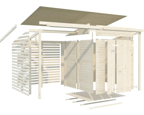 Explosionszeichnung eines Gartenhauses aus Holz