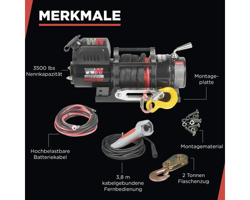 Warrior Winches Seilwinde mit 3500 lbs Nennkapazität, Montageplatte, hochbelastbaren Batteriekabeln, 3,8 m kabelgebundener Fernbedienung, Montagematerial und 2 Tonnen Flaschenzug