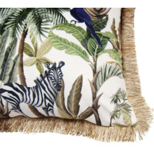 Dekokissen mit Dschungelmotiv, Zebra, Papagei und Fransen