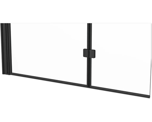 Detailansicht einer Duschkabine mit schwarzem Rahmen und Griff