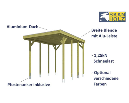 Holzcarport mit Aluminiumdach und breiter Blende