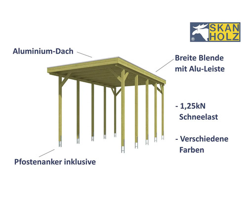 Holzcarport mit Aluminiumdach und breiter Blende