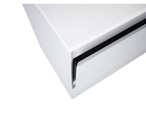 Detailansicht eines weißen Badezimmer-Unterschranks mit Schublade