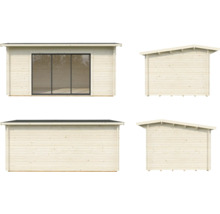 Ansichten eines Holzgartenhauses mit großem Fenster