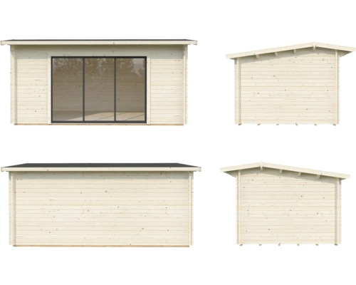 Ansichten eines Holzgartenhauses mit großem Fenster