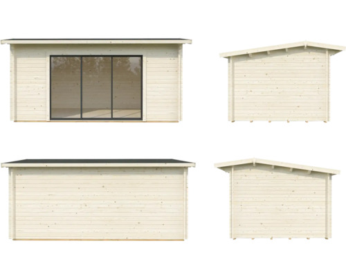 Ansichten eines Gartenhauses mit Schiebetür aus Holz