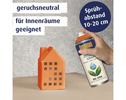 Helton Aqua Colours Lackspray Dose mit Sprühabstandshinweis und orangefarbenem Haus