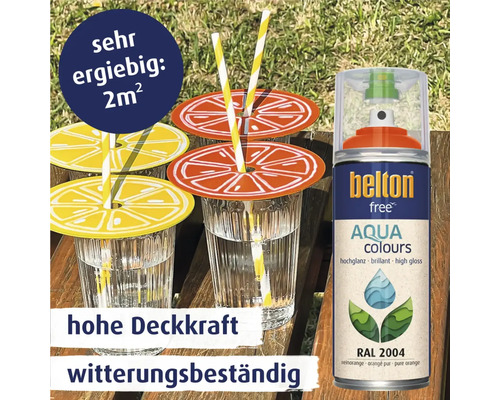 Belton Free Aqua Colours Sprühlackdose neben Gläsern mit Strohhalmen und Zitrusfrüchte-Dekoration