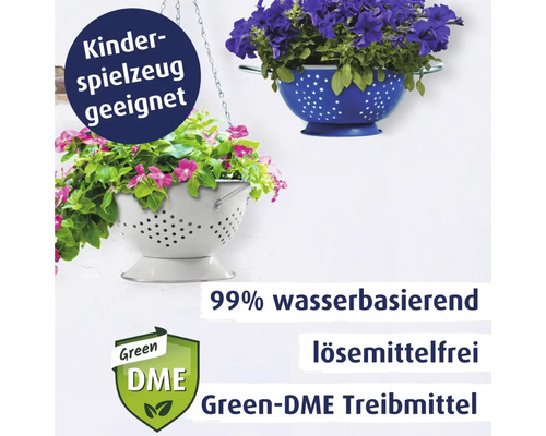 Dekorative Blumenampeln in Siebform mit Pflanzen und Green-DME Treibmittel Hinweis