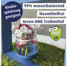 Dekoration mit Hinweisen zu Produkteigenschaften: geeignet für Kinderspielzeug, 99 Prozent wasserbasiert, lösemittelfrei, Green-DME Treibmittel, Green DME Siegel