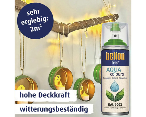 Dekorative Szene mit Belton Free Aqua Farbspraydose Laubgrün und DIY Windlichtern