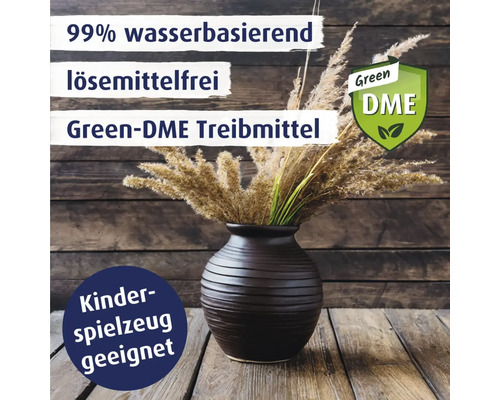 Dekorative Elemente mit Hinweisen auf 99 Prozent wasserbasiert, lösemittelfrei, Green-DME Treibmittel, Green-DME Siegel und geeignet für Kinderspielzeug