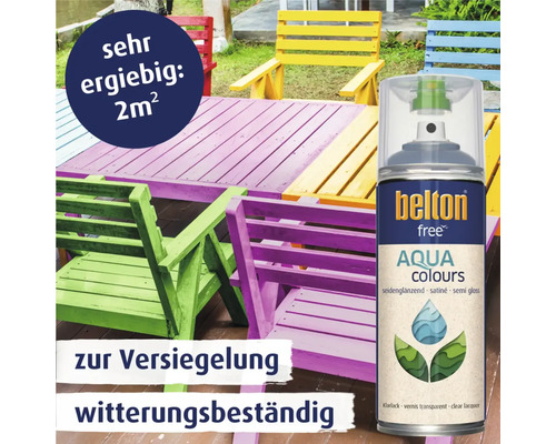 Belton Free Aqua Colours spray can with painted garden furniture in background