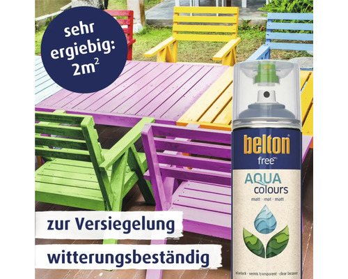 Eine farbenfrohe Gartenszene mit einem Tisch, Stühlen und einer Dose Belton Free Aqua Klarlack.
