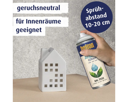 Dekohaus und Farbspraydose Helton Aqua Colours für Innenräume mit Sprühabstand 10 bis 20 Zentimeter