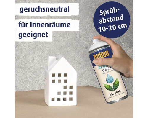 Helton Aqua Farbspraydose und ein kleines Haus zum Dekorieren mit den Hinweisen geruchsneutral, für Innenräume geeignet, Sprühabstand 10 bis 20 Zentimeter