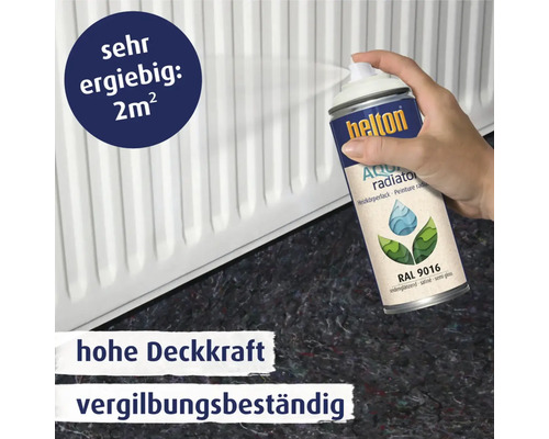 Helton Aqua Heizkörperlack Spraydose bei der Anwendung auf einem Heizkörper